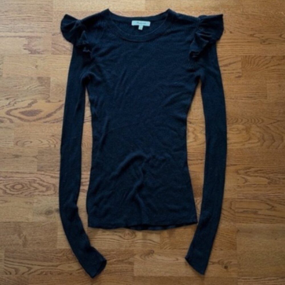 Madewell Ruffle Shoulder Sweater Women Knit Fine Ribbed Black Long Sleeve XXS